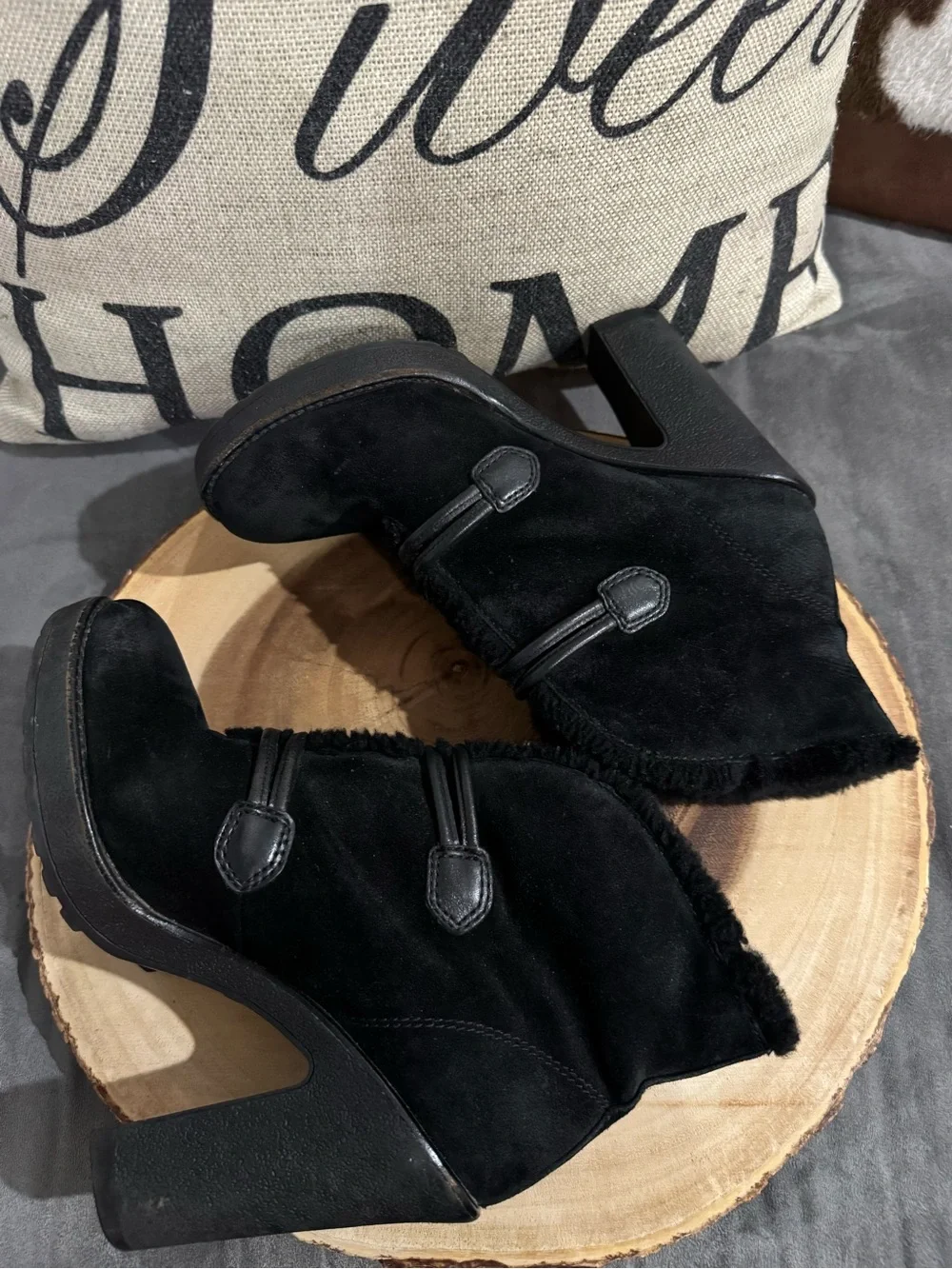 Coach Lenora Black Suede Platform Ankle Boots with Gold Buttons
